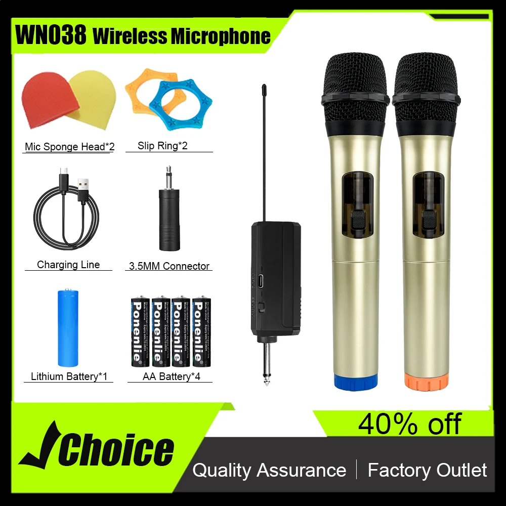 

WN038 Wireless Microphone Dynamic Handheld Microphones Karaoke Microphone Mic with Rechargeable Receiver for Wedding Party