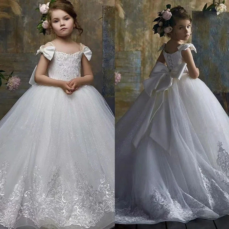 White Lace Flower Girl Princess Dresses Children First Communion Gown Bow Puffy Appliques Long Tulle Wedding Party Formal Dress