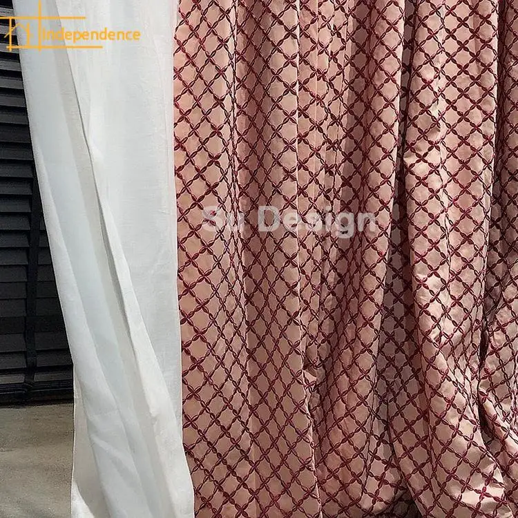 Geometric Manual Heavy Industry Embroidery Rhombic Retro Red Curtains for Living Room Bedroom French Window Villa Customization