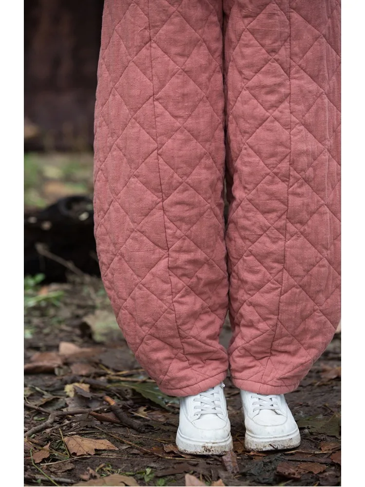Winter Warm 100% Cotton Pants Women's New Quilted Thicken Pattern Dad Pants Harajuku Literary Loose All-match Harem Pants Women