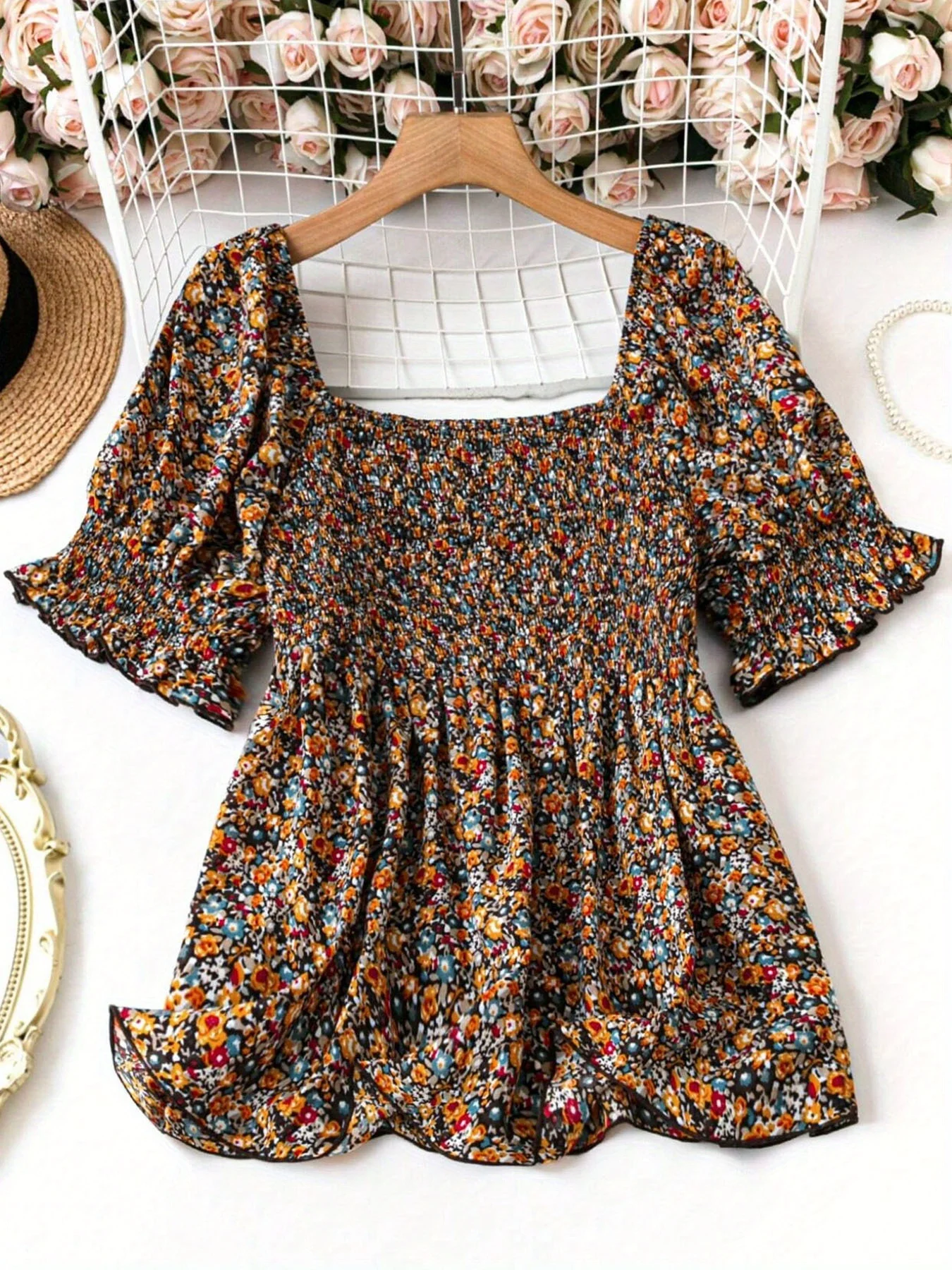 Women's Plus-Size Elegant Smocked All-Over Print Blouse – Stylish Square-Neck Summer Top for Work or Casual Outings