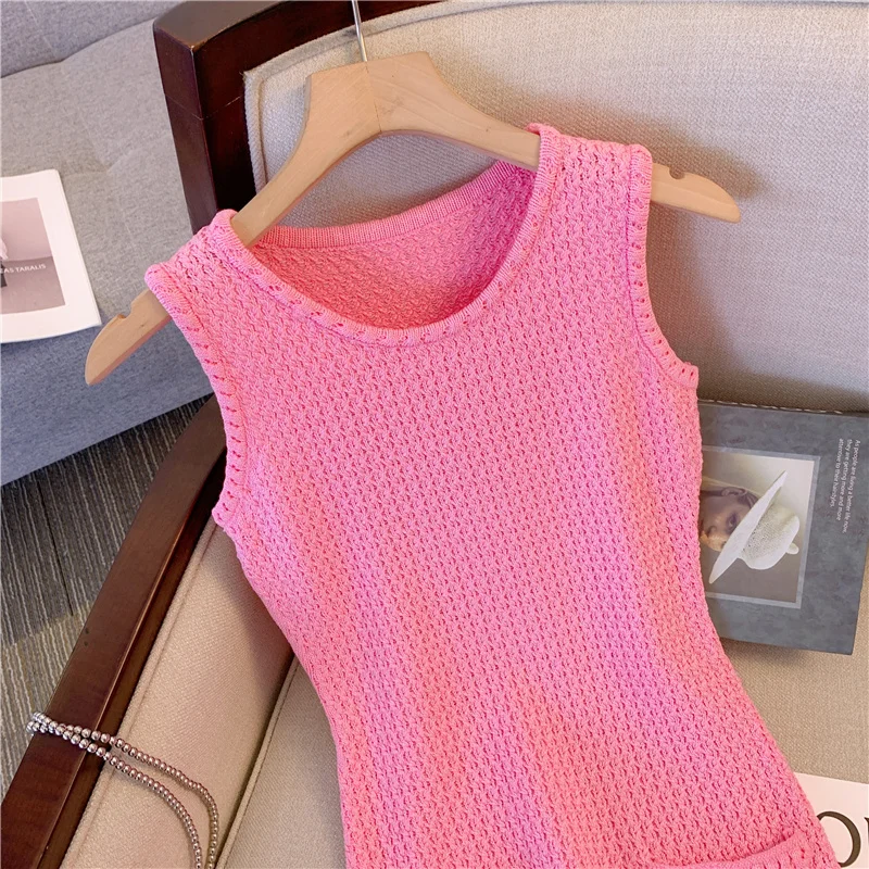 2023 estate rosa senza maniche Mini abito lavorato a maglia donna senza maniche o-collo elegante dolce moda solido abiti da donna Mujer