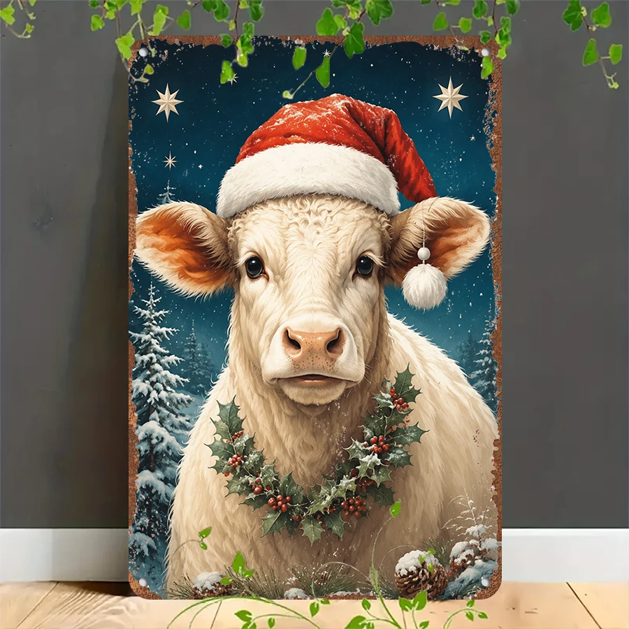 2D flat retro metal tin plate,  Christmas Cow Vintage Tin Sign, Suitable for home, garage, café, bar and garden decoration