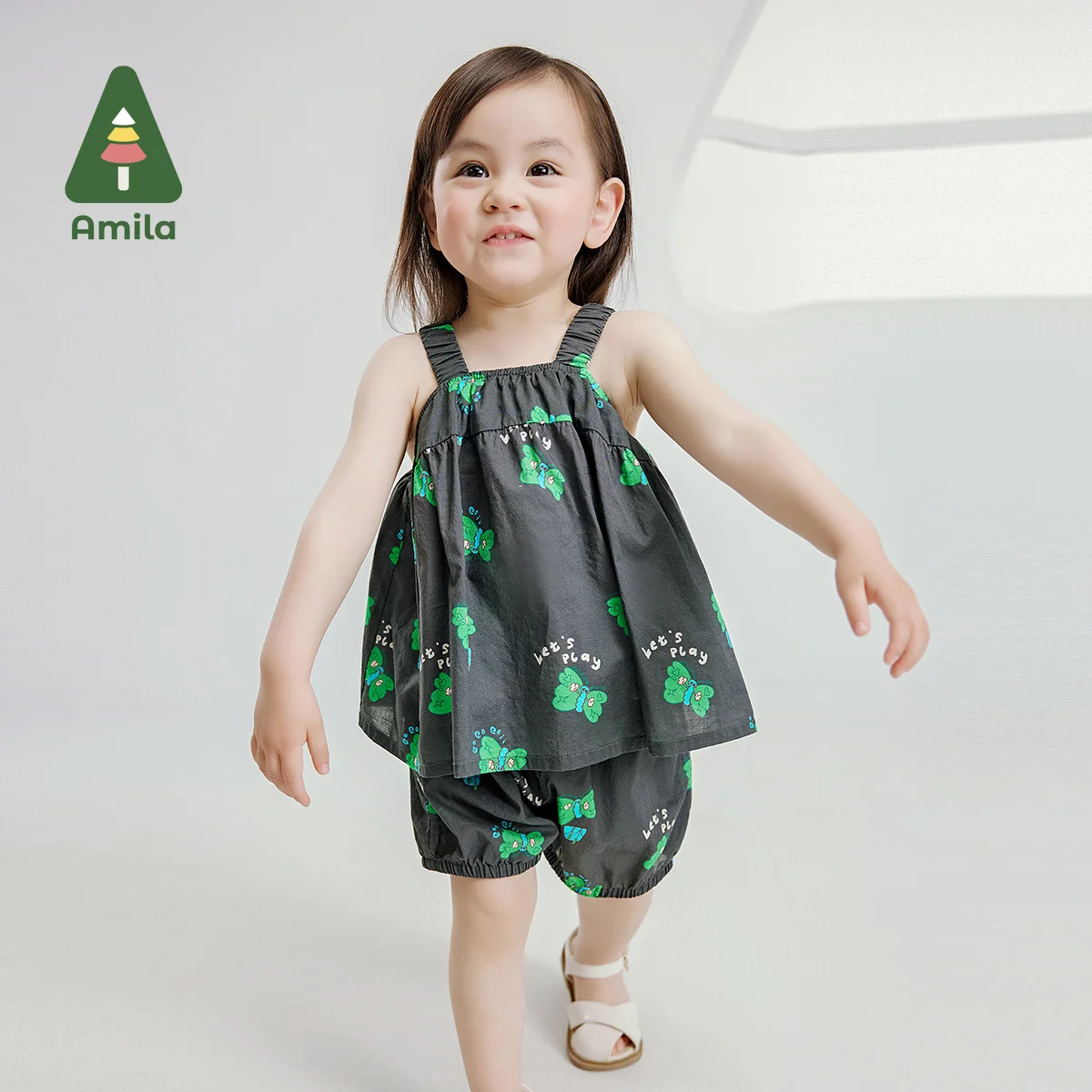 Amila 2024 Summer New Girls' Set 100% Cotton Skin-Friendly Sweet Cute Suspenders & Printed Shorts Two Kids' Outfits