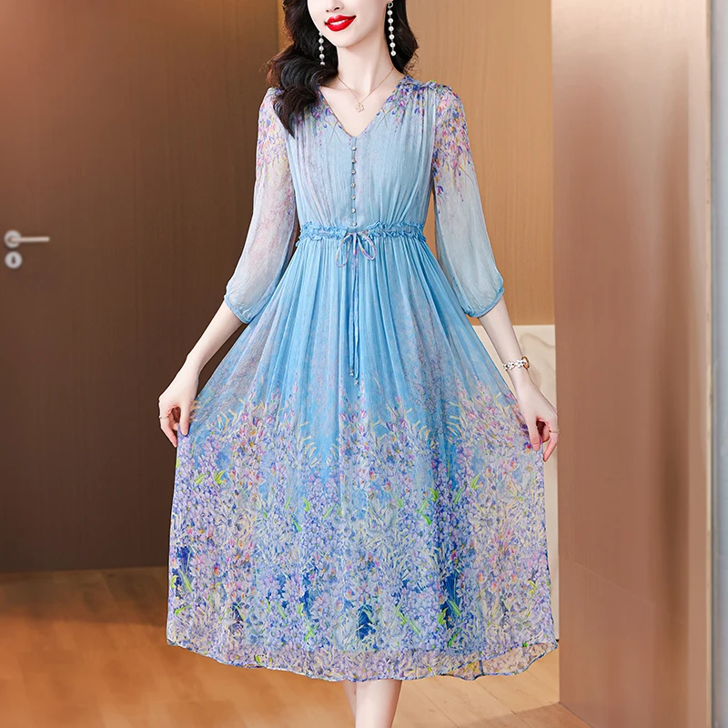 Women's Vintage Elegant Evening Prom Dress Spring Holiday Boho Hepburn Vestidos 2024 Summer Luxury Silk Floral Casual Midi Dress