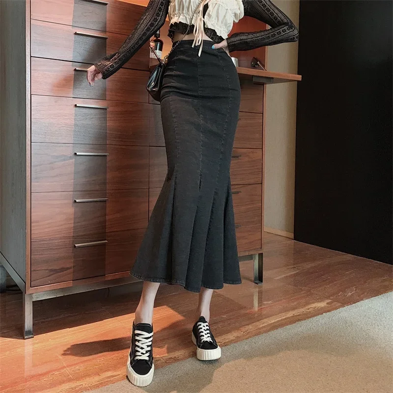 Women High Waist Pencil Bodycon Vintage Denim Long Skirts Mermaid Pleated Skinny Split Slim Fit Wrap Skirt Female Large Sexy