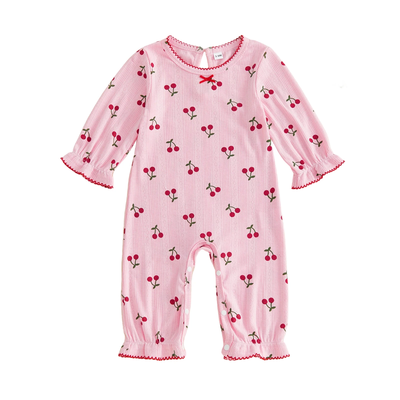 Baby Girls Jumpsuit, Long Sleeve Crew Neck Cherry Print Fall Romper Clothes for Casual Daily
