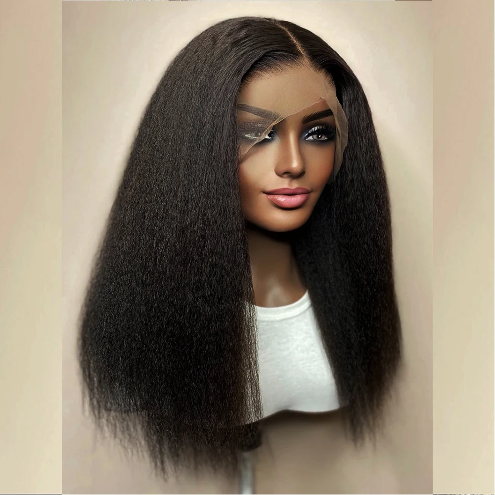 Soft Yaki Preplucked Black Color 26Inch 180Density Kinky Straight Lace Front Wig Synthetic Baby Hair Glueless Daily Wear Wig