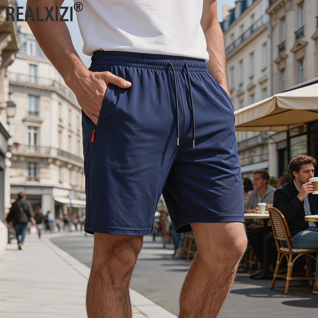 Men Solid Sweat Shorts Elastic Drawstring Waist Zipper Side Pockets Knee Length Knit Jogger Shorts Casual Walking Bermuda Shorts