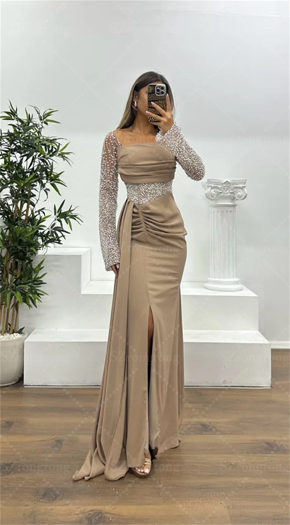 Nach Maß Luxus Quadrat Kragen Langarm Perlen Perlen Abendkleid Backless Maxi Länge Seite Schlitz Abendkleid Vestidos