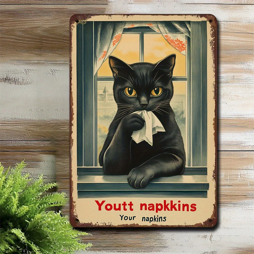 1 Retro Black Cat Iron Sign"Youtt Napkins" Humorous Iron Wall Art 8X12Inches Suitable for Kitchen Cafe and Bedroom Decoration