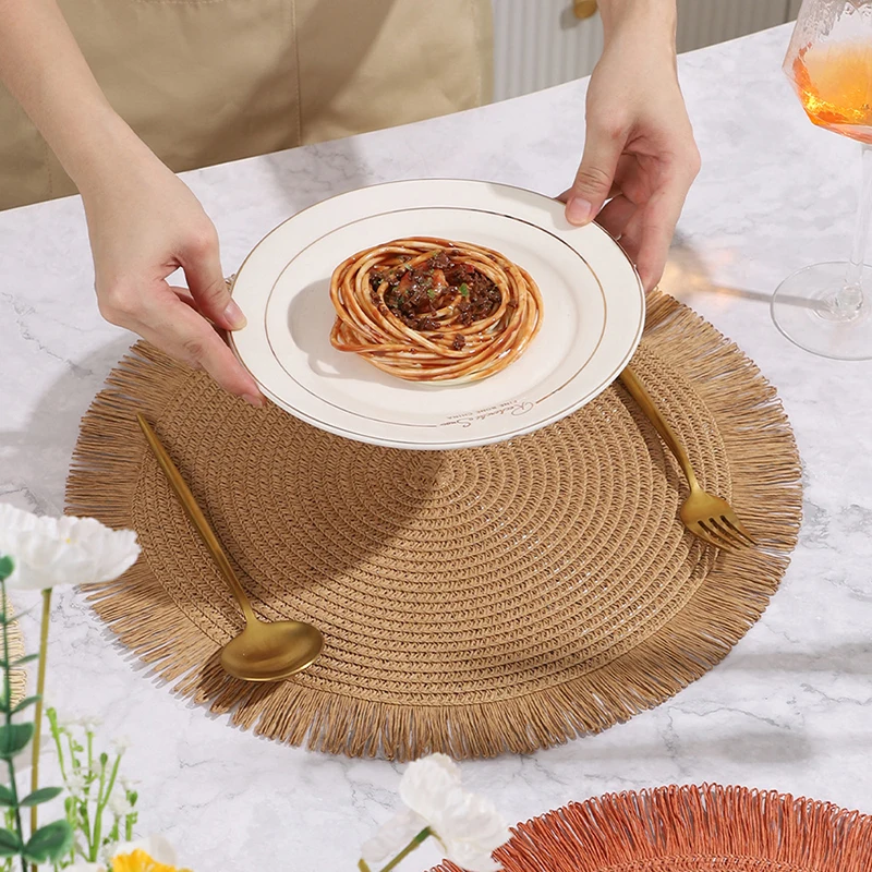 Round Braided Placemats Fringe Paper Table Mats Hand Woven Non-slip Insulation Place Mats Tea Cup Pad Dining Table Decorations