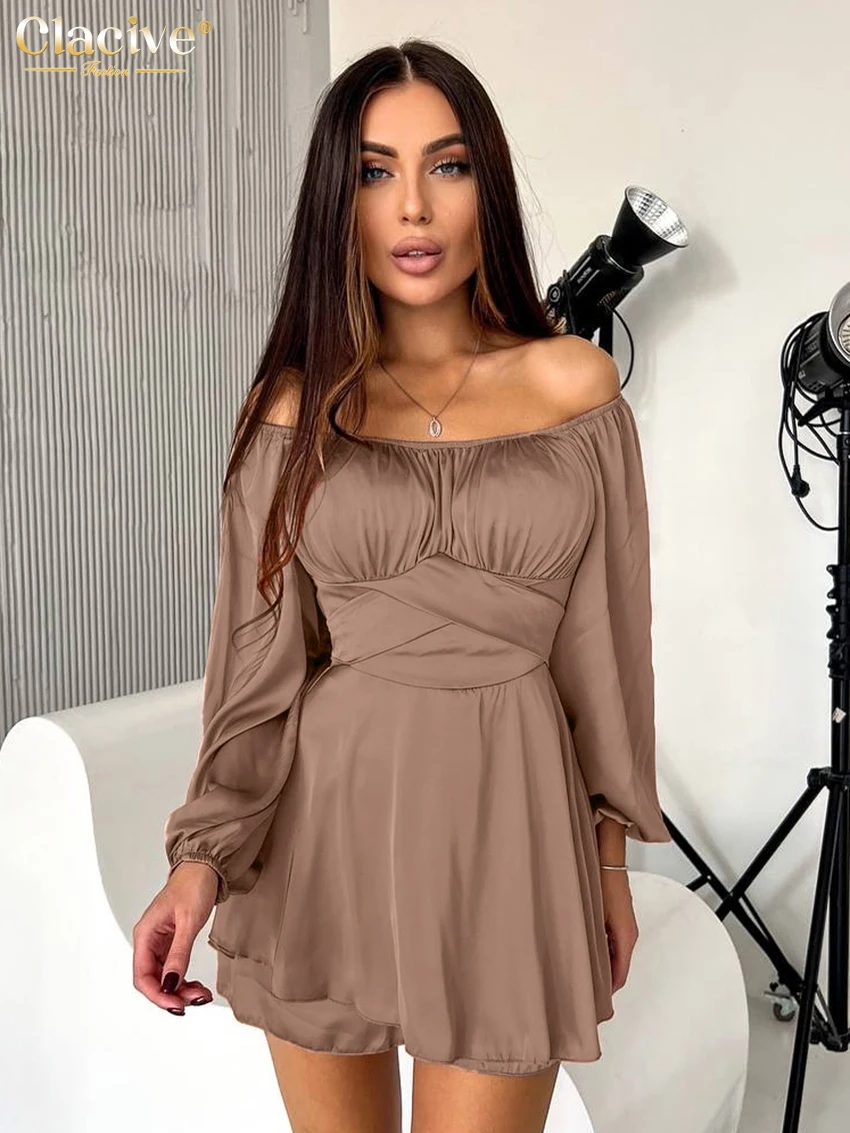 

Clacive Sexy Slim Black Satin Women's Dress 2025 Fashion Slash Neck Long Sleeve Mini Dresses Elegant Classic Solid Female Dress