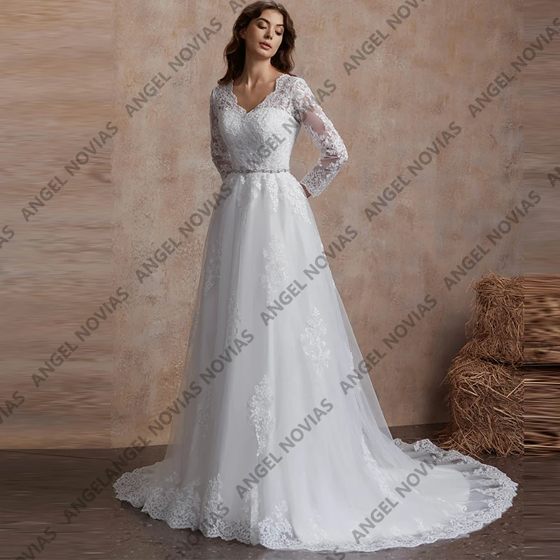 Angel Novias image réelle manches longues robes de mariée blanches décolleté en V dentelle Appliques robes de mariée Vintage vestidos de novia