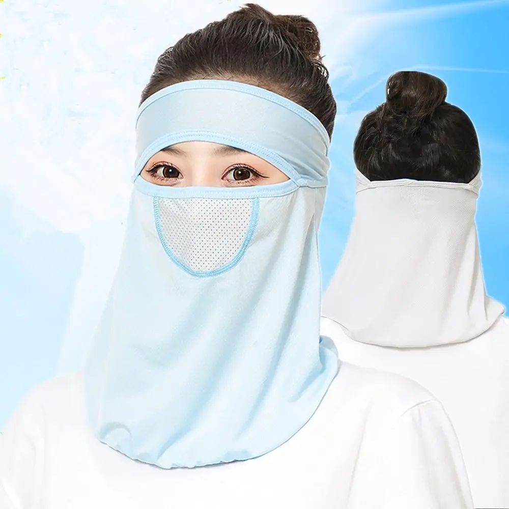 Summer Sunscreen Breathable Ice Silk Mask UV Protection Face Cover Face Veil With Neck Flap Adjustable Outdoor Face Shield