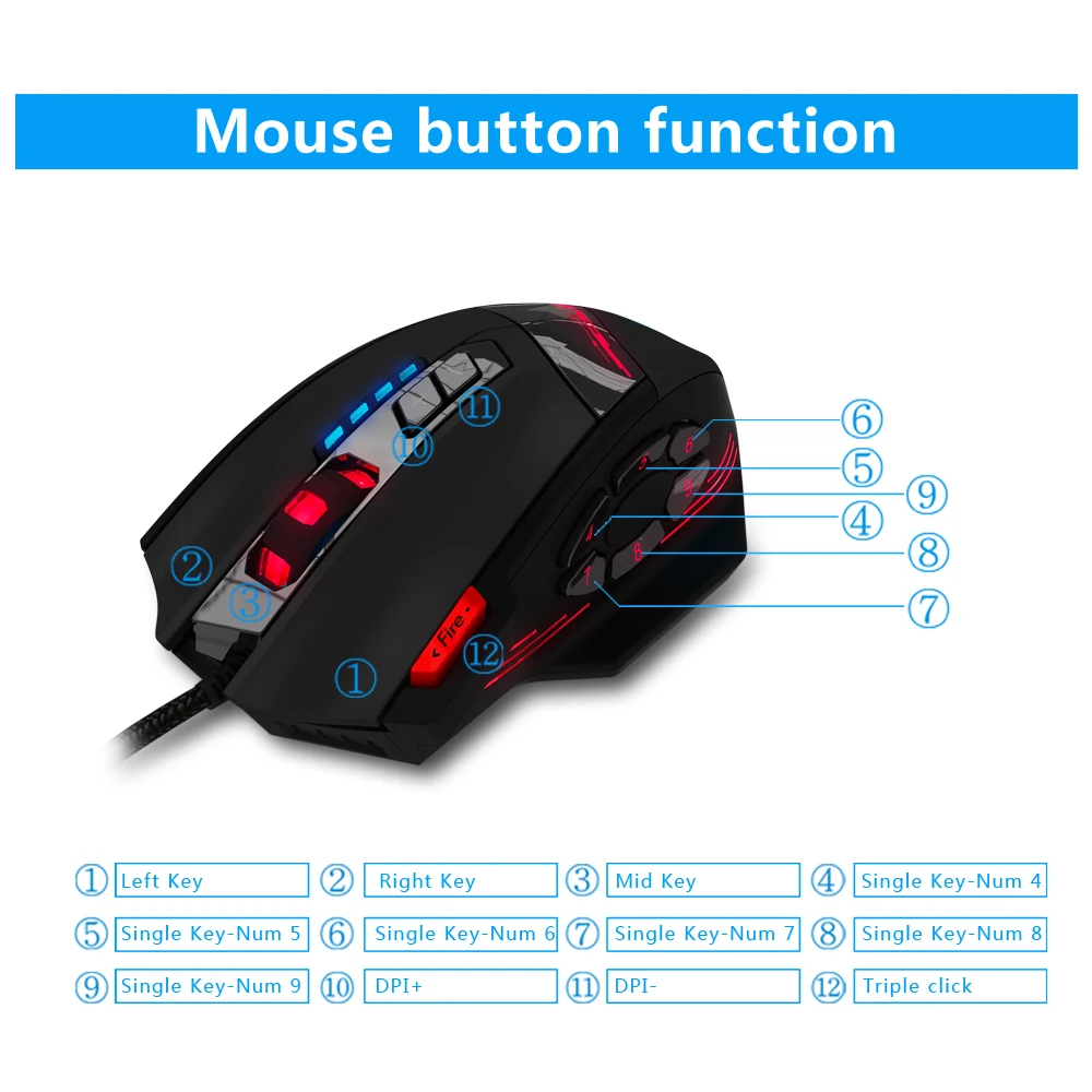ZELOTES C-12 Wired Mouse USB Optical Gaming Mouse 12 Programmable Buttons Computer Game Mouse w/ 4 Adjustable DPI 7 LED Lights