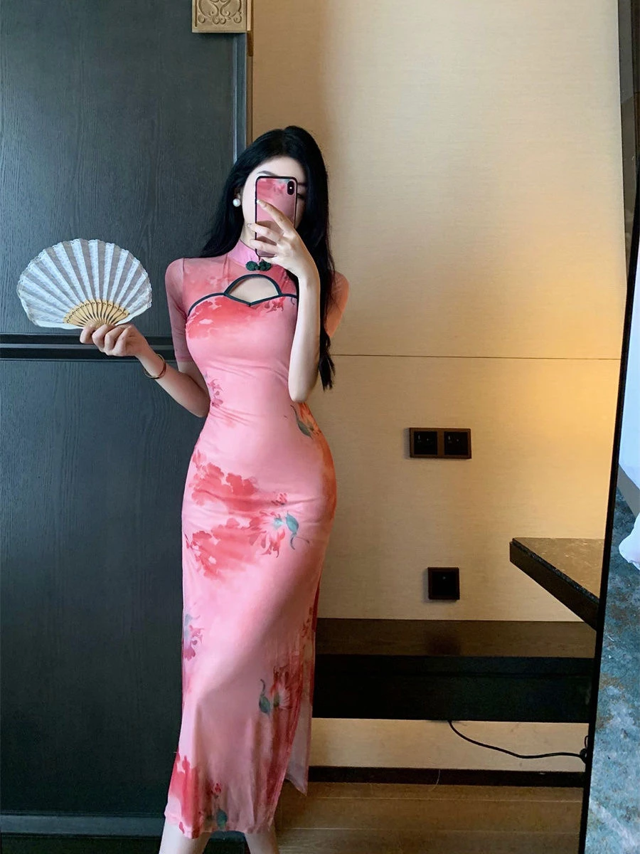 

Элегантное винтажное платье-ципао в китайском стиле KING BRAND, новая модель, стройнящее, готовое к носке, для повседневной носки, с цветочным узором, миди-юбка