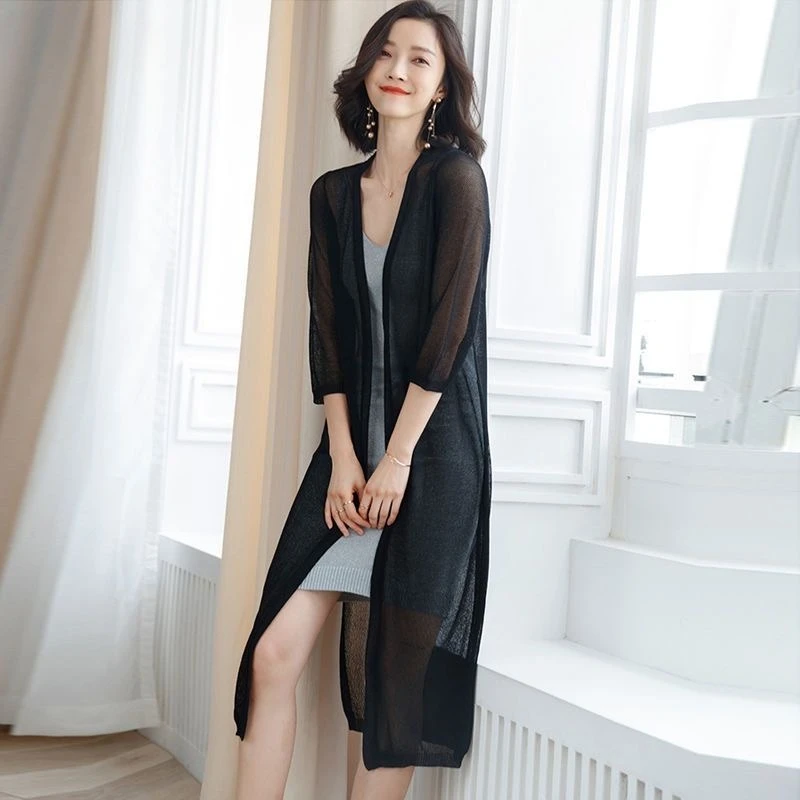 

Лето 2026, женский длинный кардиган, легкий солнцезащитный трикотаж, пляжное пальто с шалью, весенняя верхняя одежда, вязаный кардиган Y2k