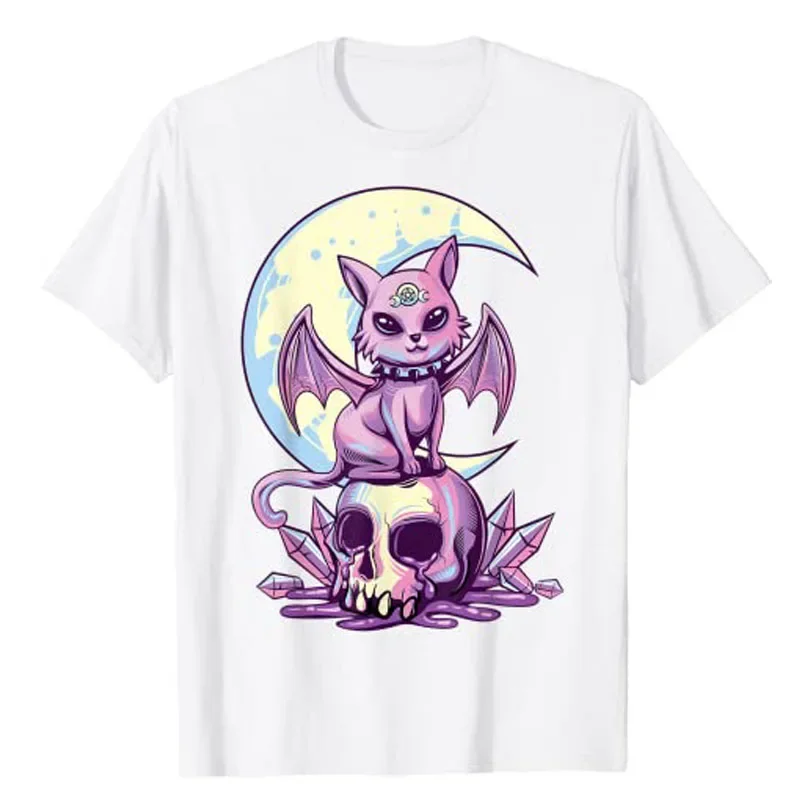 Pastel Goth Wiccan-Cat Cute Creepy Witchy Cat and Skull T-Shirt Aesthetic Clothes Anime Manga Graphic Tee Short Sleeve Top