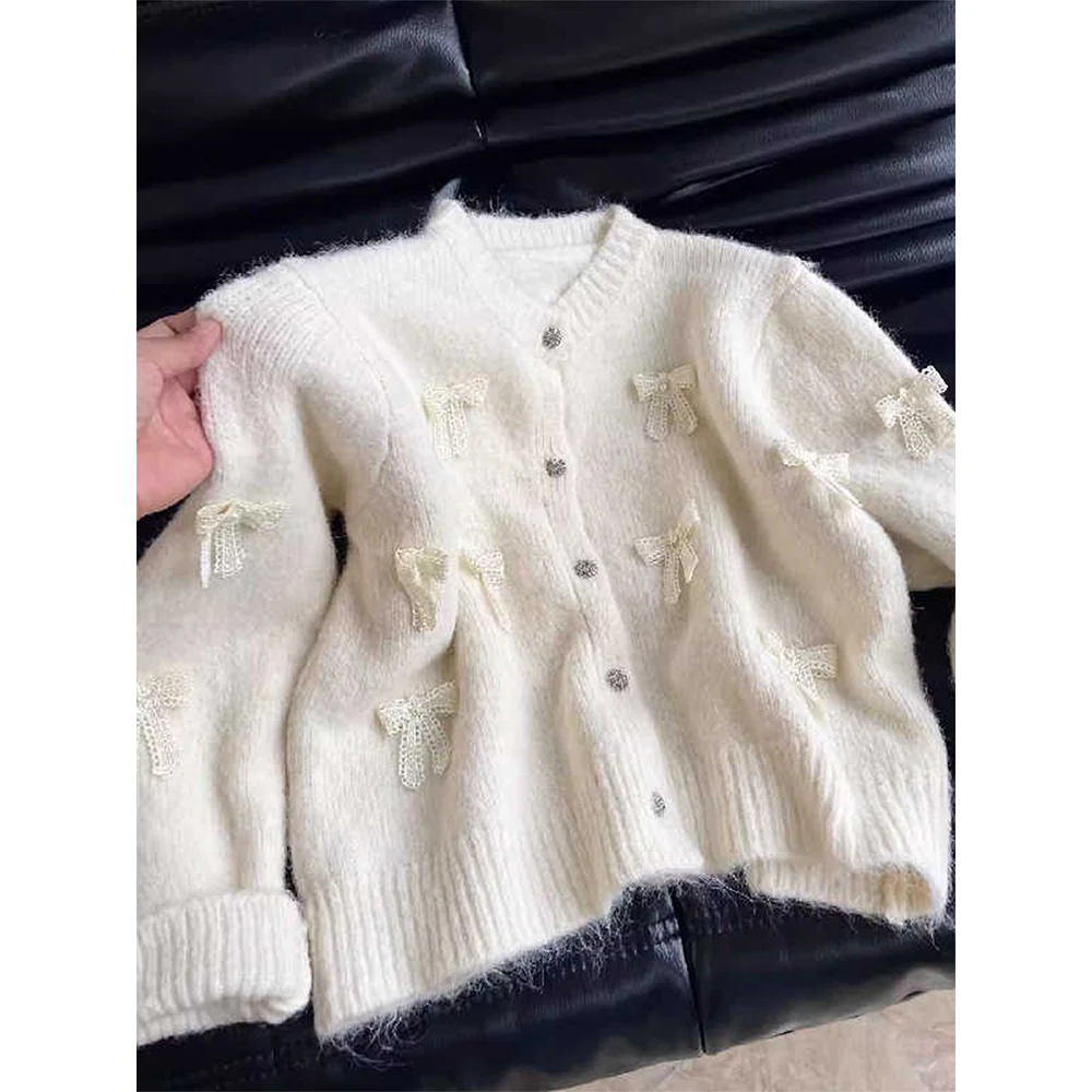 Women's Apricot Bow Cardigan Oversize V-Neck Knit Sweater Harajuku Vintage Loose Y2k Cashmere Japanese Sweater 2000s Autumn 2025
