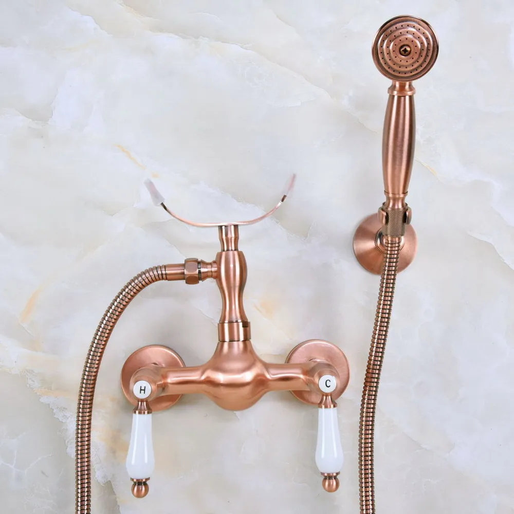 

Red Copper Antique Wall Mounted Bathroom Shower Faucet Set with 1.5M Hose Handheld Spray Head Mixer Tap Dna356