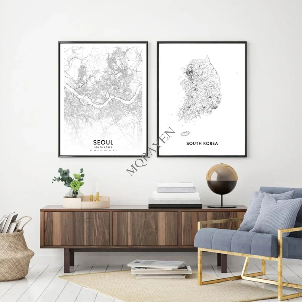 South Korea Map Black and White Posters Prints Seoul City Street Road Map Modern Wall Art Canvas Painting Pictures Office Decor