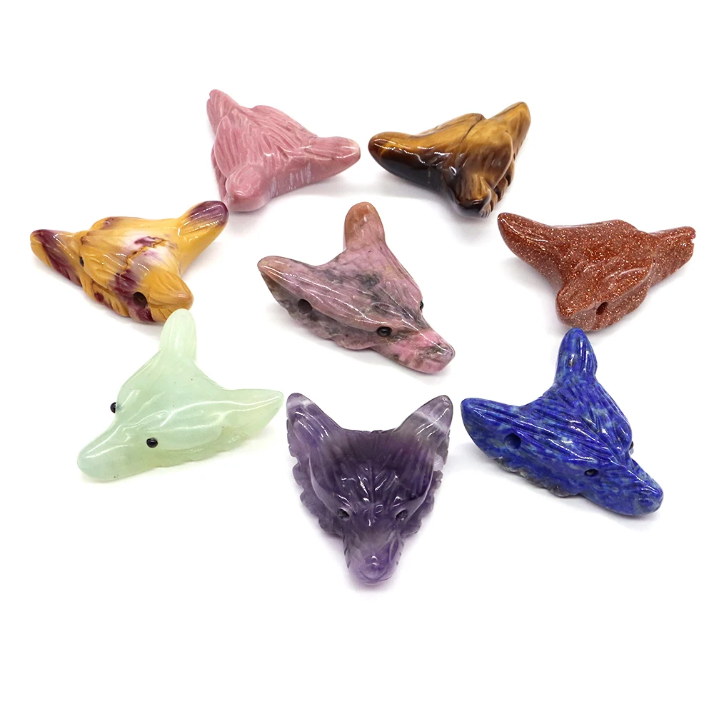 Wolf Head Pendant Hand Carved Crystals Accessories DIY Animal Gemstone Crafts Quartz Necklace Natural Stone Holiday Gifts 35mm