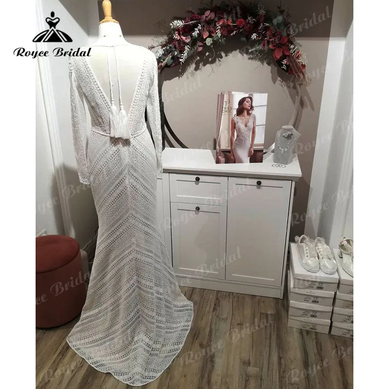 فستان زفاف بوهيمي حورية البحر والبوق من Roycebridal موضة 2023 بأكمام طويلة دانتيل مفتوح من الخلف بوهيمي فيستدو دي فيستا دي بودا على الشاطئ