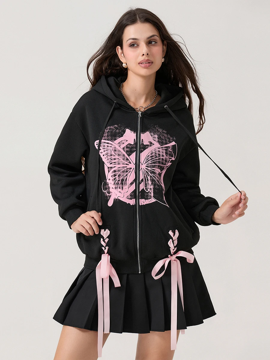 

wsevypo Dark Black Butterfly Print Oversized Hoodies Women's Long Sleeve Zip-Up Loose Hooded Sweatshirts for Harajuku Streetwear