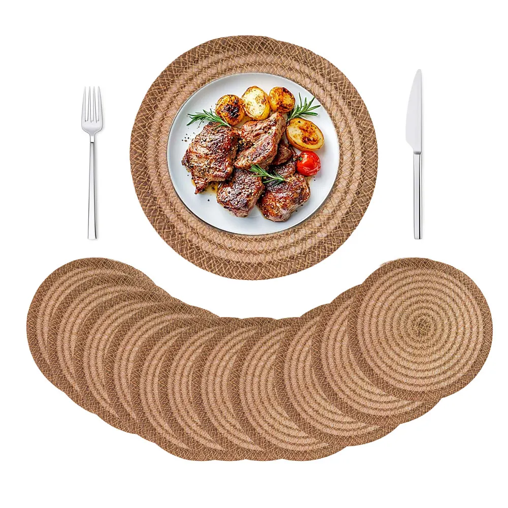 

12 Pack Round Heat Resistant Placemats 38cm Handmade Rattan Woven Place Mats Farmhouse Braided Placemat for Kitchen Decor