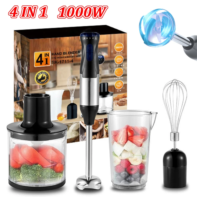 1000 W Küchen-Tauchmixer, 4-in-1, Edelstahl-Handmixer, Gemüse- und Fleischhacker, Schneebesen, Smoothie-Stick-Mixer