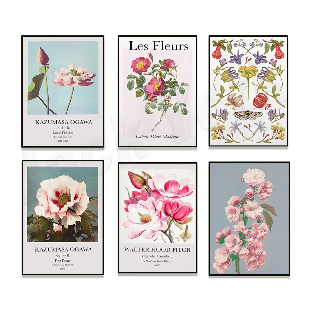 French floral print, red roses, peonies, magnolia plants, Japanese peonies and sakura flowers, blush watercolor floral art poste