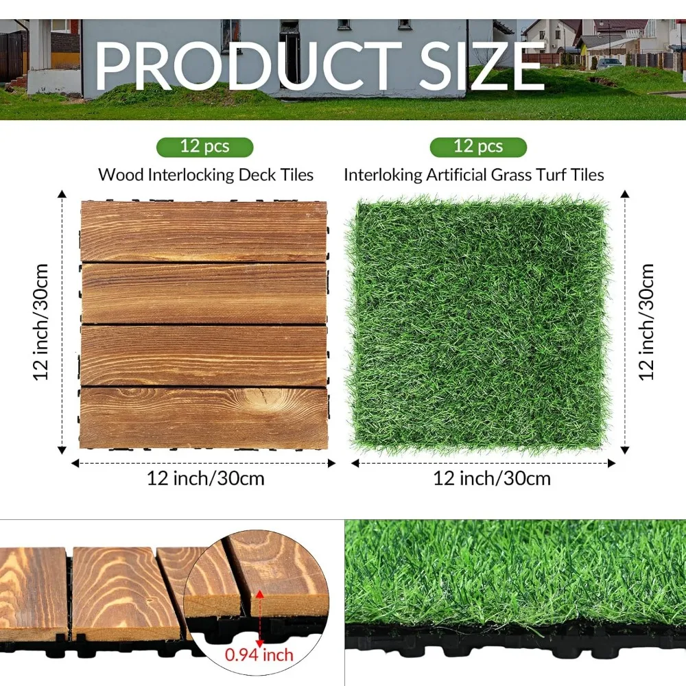 24 Pcs Hardwood Interlocking Patio Deck Tile and Artificial Grass Tile Waterproof Wood Flooring Tile Interlocking r  12x12 in