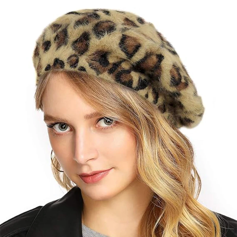 

New Women's Classic Leopard Print Beret Hats Vintage British Style Painter Caps Rabbit Fur Casual Artist Cap Pumpkin Hat