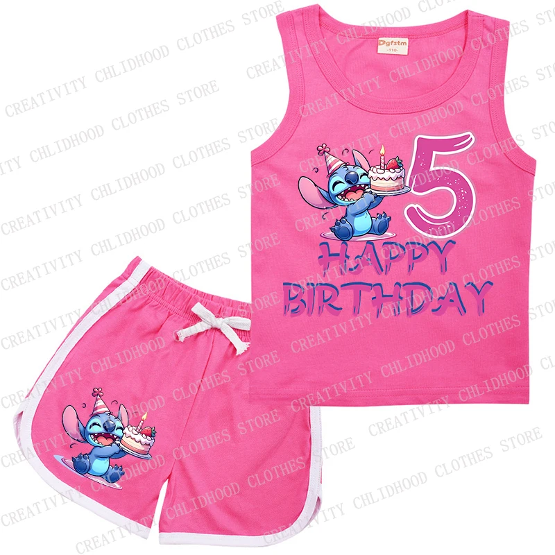 New Stitch Children Suit Birthday Number 1-14 Sports Kids Vest & Shorts Casual Clothes Sleeveless Girl Boy 2Pcs Sets Summer Wear