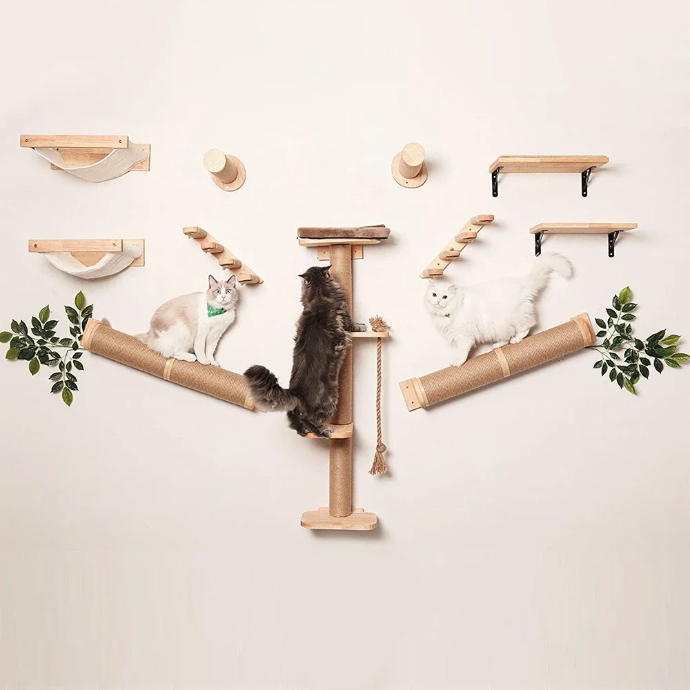 Hamaca de escalada para gatos, mueble de madera maciza montado en la pared, con poste de rascado, para actividades en interiores