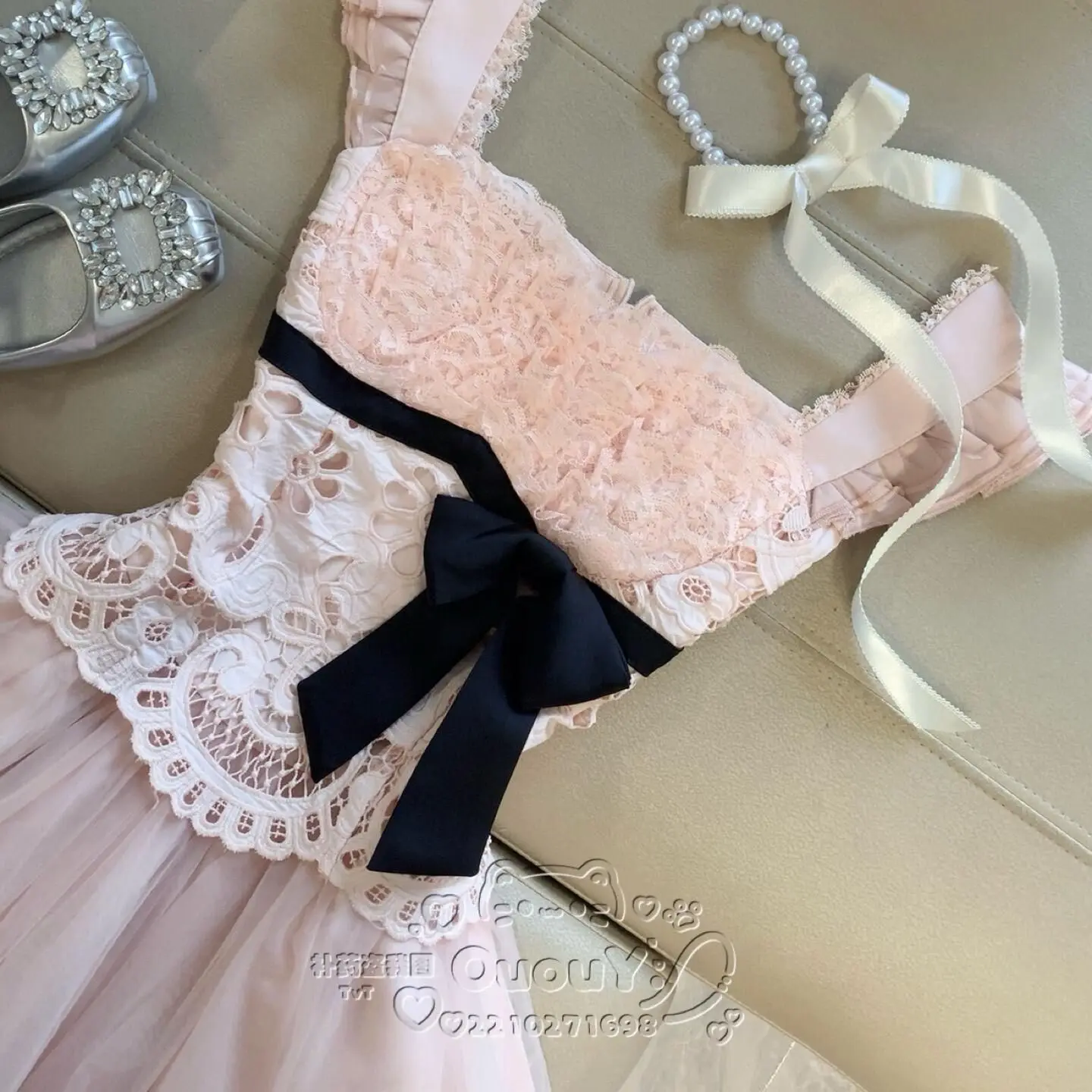 French Coquette Lace Bow Ruffled Strap Mini Dress Women Slim Fit High Waist Tulle Mini Dress Party Date Night Elegant Outfit view 2