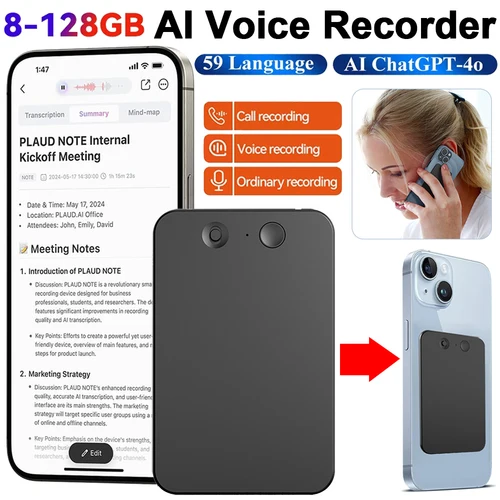 AI ChatGPT-4 앱 전화 통화 미니 음성 녹음기, Espia 실시간 전사, 58 개 언어 번역기 오디오 딕터폰, 요약
