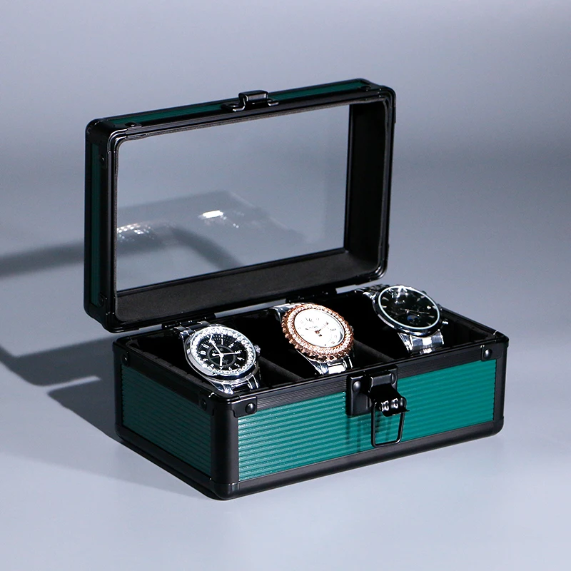 

Luxury Aluminum Watch Storage Box 3 Slot Green EVA Lining Glass Cover Travel Organizer Custom Logo Gift Packaging Case