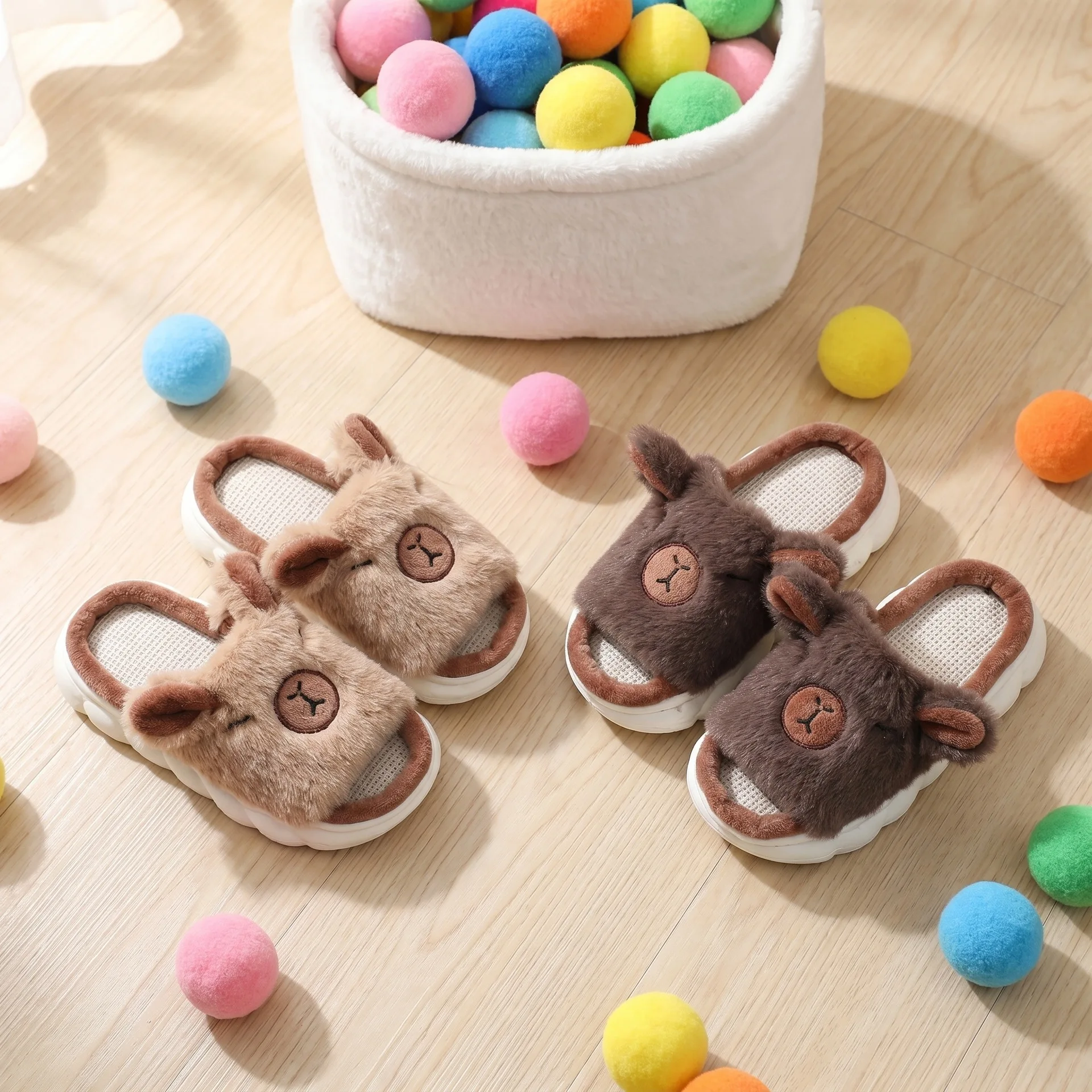 Kids'Slippers Plush Bear Fluffy Suede Flat Winter Shoes For Children Anti-slip Thick Bottom Home Slipper Khaki Brown Size 24-35