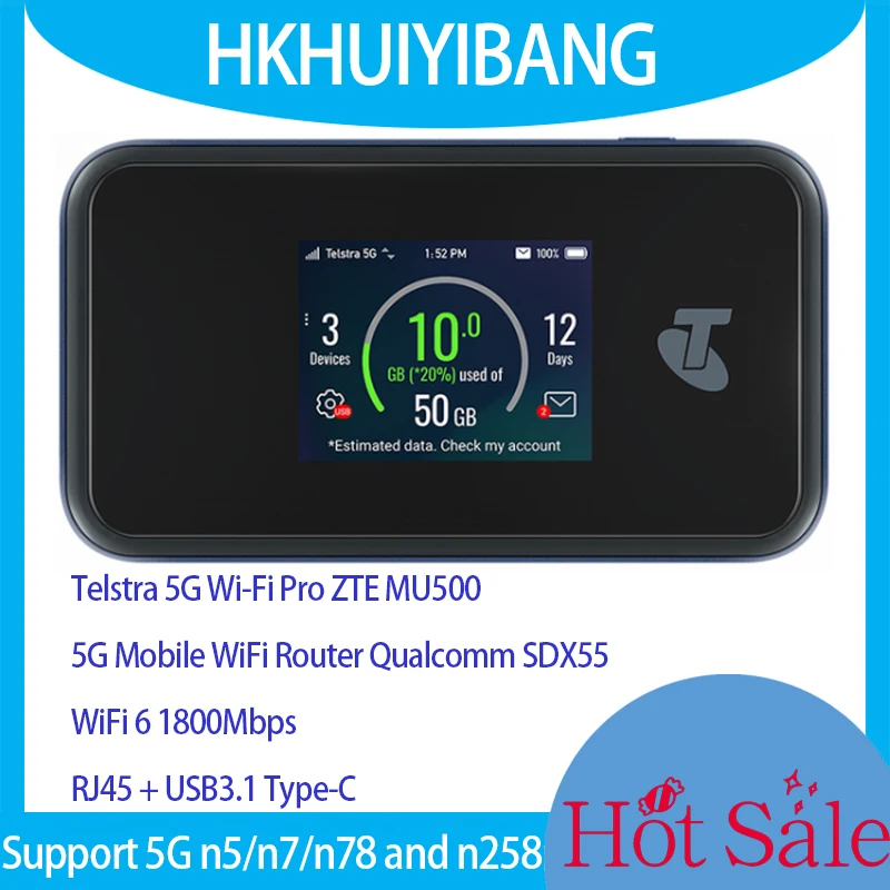 ZTE MU500 Telstra 5G Wi-Fi Pro WiFi6 모바일 핫스팟 5G mmWave 및 Sub6G 포켓 라우터, 듀얼 밴드 4G LTE Cat20 모뎀, 잠금 해제 