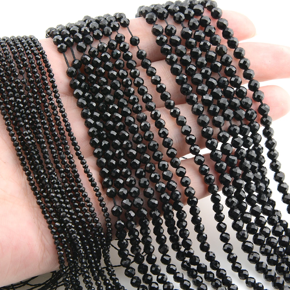 Natural Black Tourmaline Faceted Round / Cube / Rondelle Beads 2mm,3mm,4mm,1x2mm,2x3mm,Fine Jewelry Making