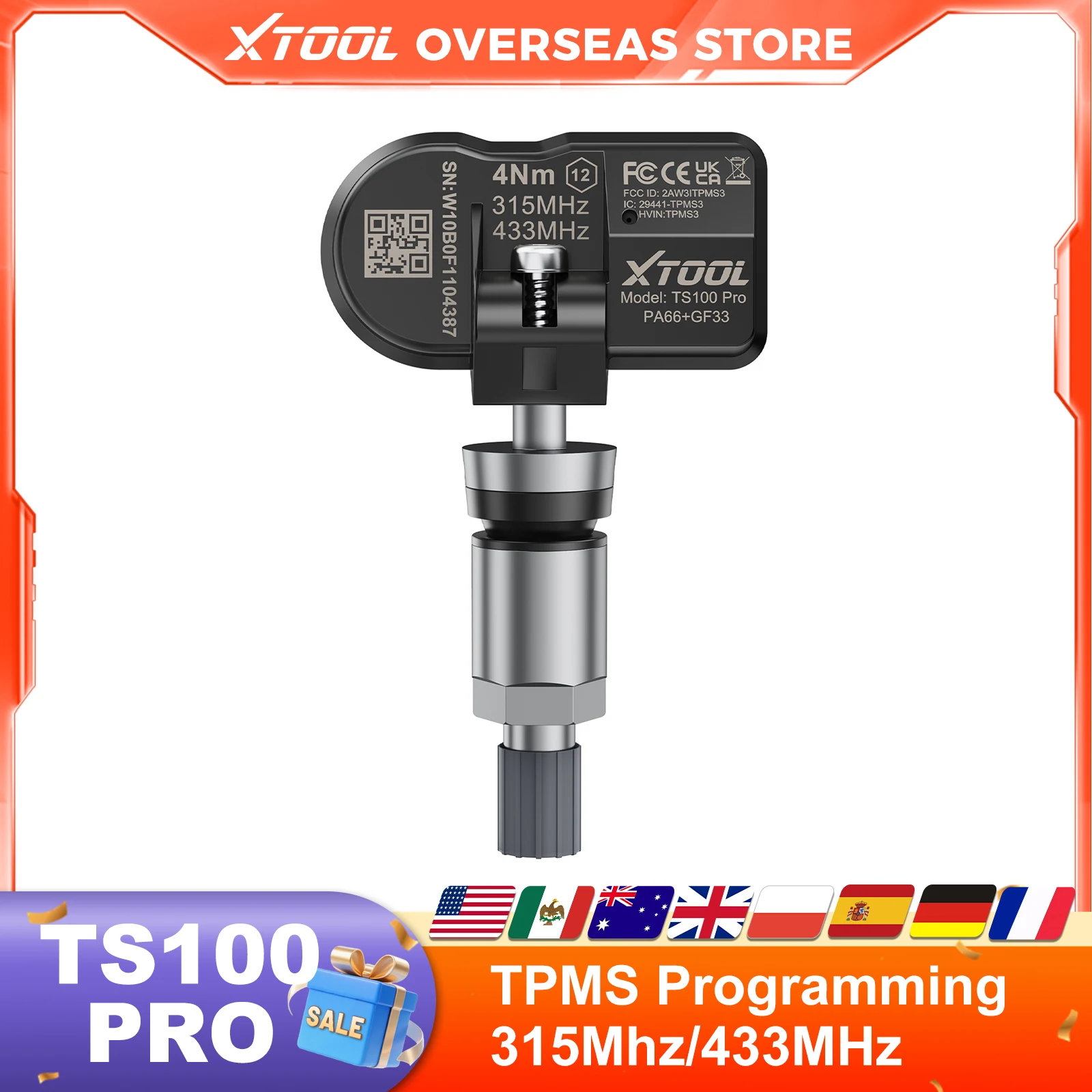 

XTOOL TS100 PRO 4PCS Upgraded TPMS Sensor 315Mhz/433MHz Tire Pressure Monitoring Tester Programmed by XTOOL TP150/IP819TP