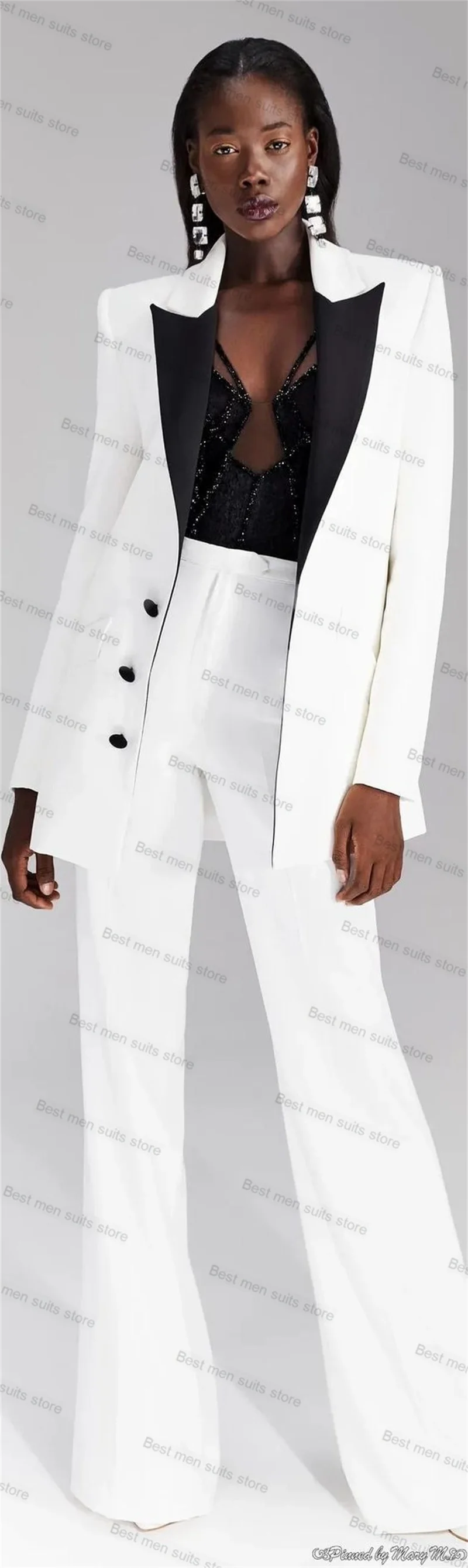 Conjunto de traje de 2 piezas para mujer, Blazer y pantalones de empalme, chaqueta Formal de oficina, abrigo de boda de un solo pecho, Color blanco y negro