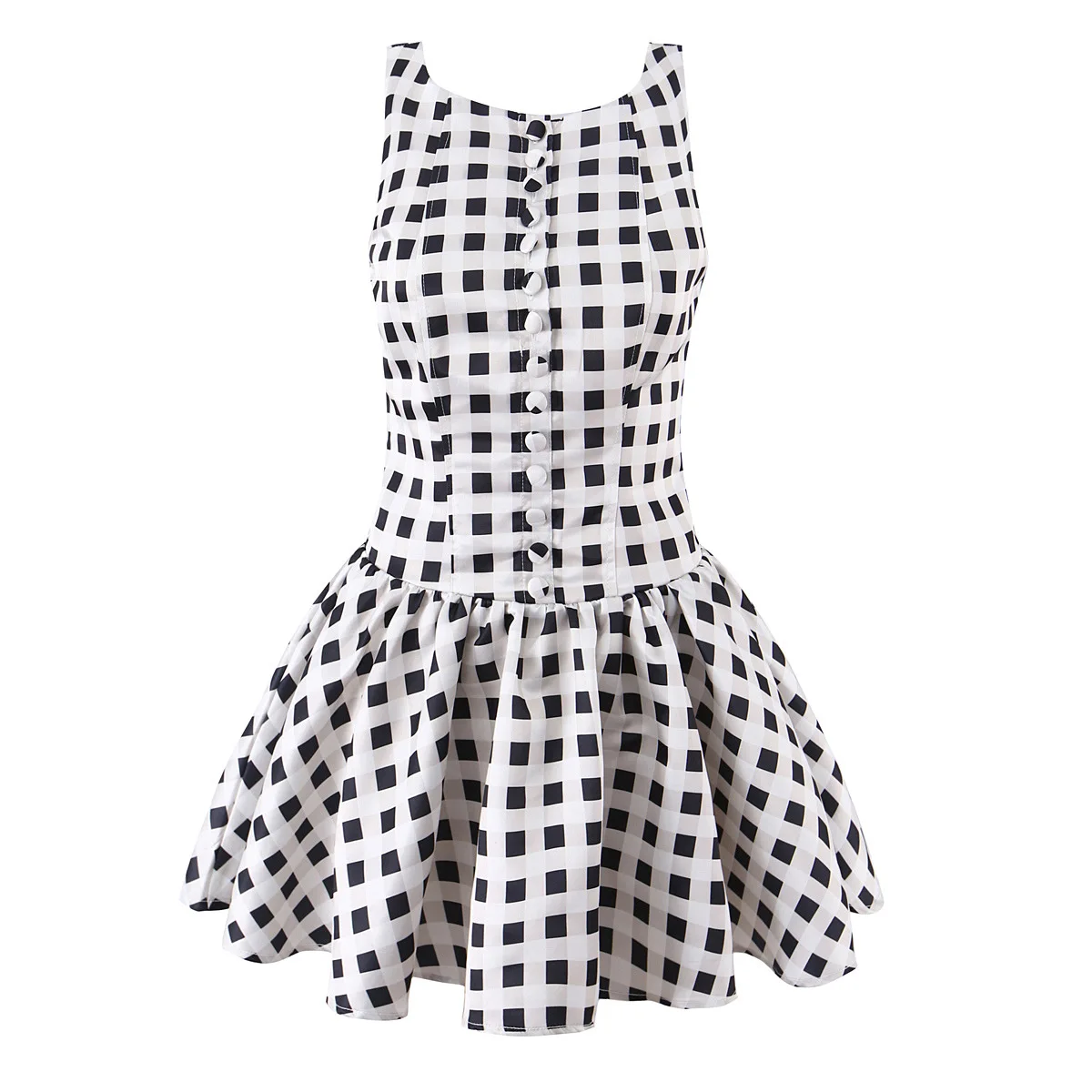 Stylish Black And White Checkered Print Dress Charming With Sweetheart Dress Neckline French Round Neck Backless Mini Dress SWOG