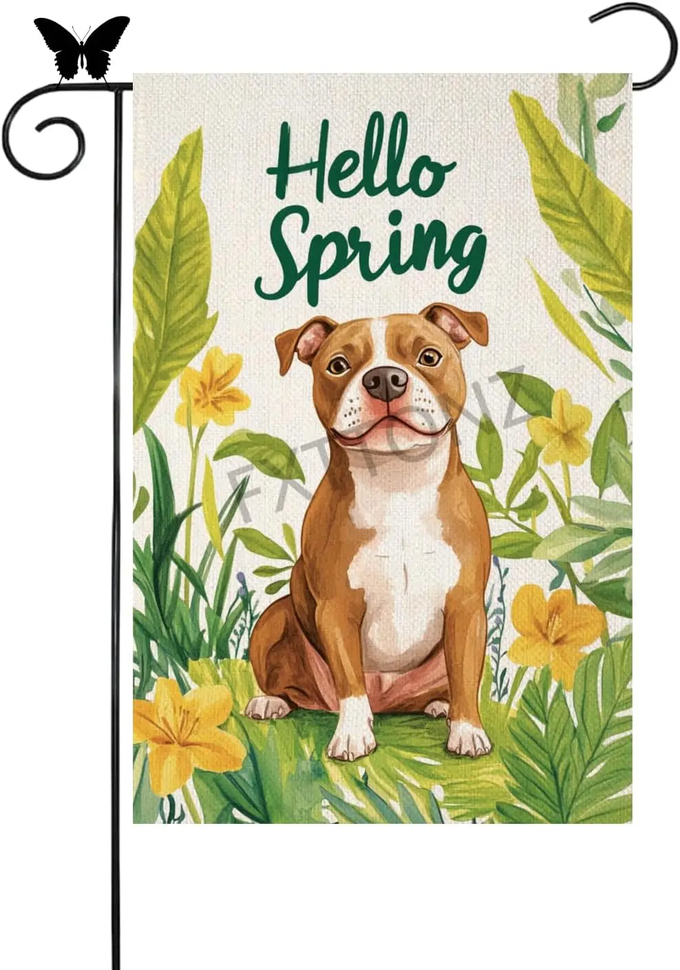 Pitbull Dog Hello Spring Garden Flag 12x18 Inch Double Sided Floral Outside Small Linen Yard Flag Decoration House Flag for  PPM
