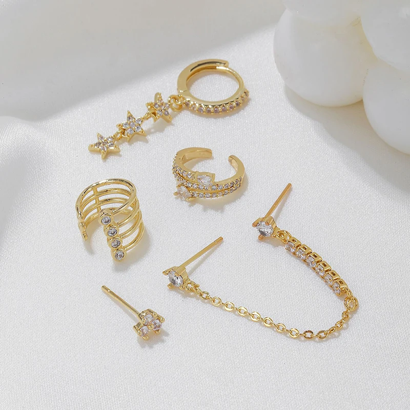 الفاخرة تشيكوسلوفاكيا زركونيا ستار استرخى أقراط للنساء الذهب مطلي سلسلة أقراط مجموعة امرأة ثقب الأزياء والمجوهرات هدية الإكسسوار #5