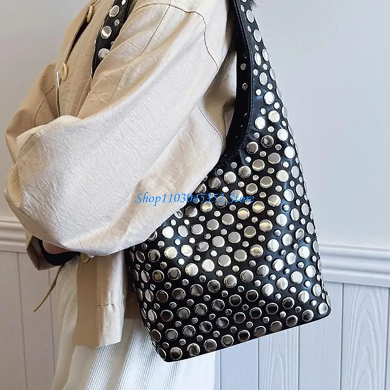 

Elegant Dot Studded Bucket Bag PU LShoulder Bags Armpit Purse For TrendyWomen