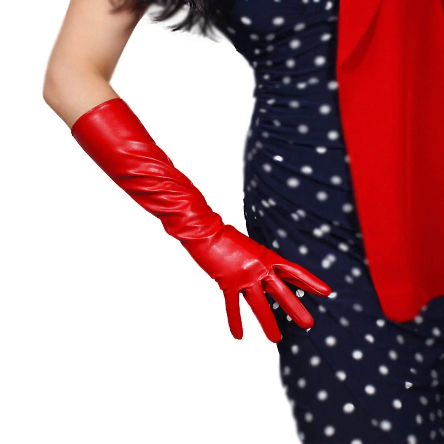 

DooWay Women's Evening Gloves Hot Red 40cm Long Leather Faux Lambskin PU Red Carpet Fashion Runway Cosplay Dressing Opera Glove