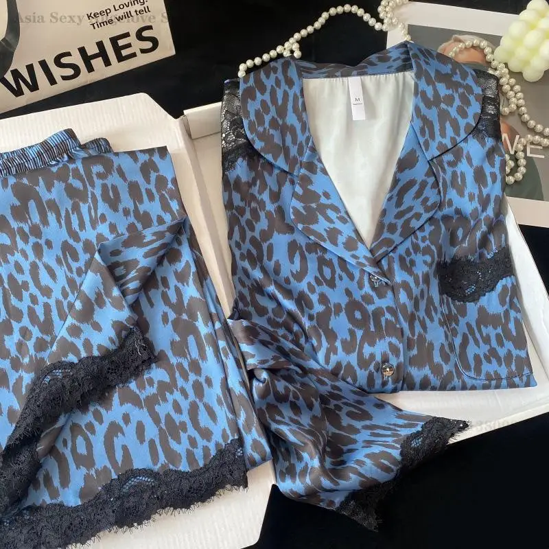 

Luxury Leopard Print Pajamas Set Sexy Lace Sleepwear French Exquisite Night Wear Ice Silk Long Sleeved Home Clothes Pijama Mujer